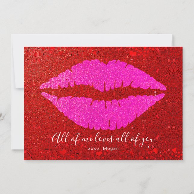 Me Loves All of You Valentine Pink Lip Red Glitter Holiday Card (Front)