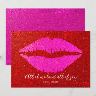 Me Loves All of You Valentine Pink Lip Red Glitter Holiday Card