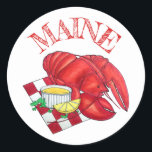 ME Maine Lobster Shack Seafood Dinner Red Gingham Classic Round Sticker<br><div class="desc">Design features an original illustration of a classic Maine steamed lobster dinner, served atop a red and white chequerboard picnic blanket, with a wedge of lemon and with plenty of melted butter! This lobster design is also available on other products. Lots of additional Maine and New England themed illustrations are...</div>