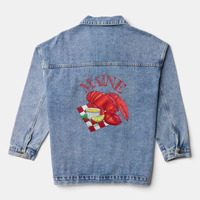 ME Maine Lobster Shack Seafood Dinner Red Gingham Denim Jacket (Back)
