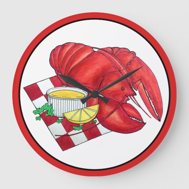 ME Maine Lobster Shack Seafood Dinner Red Gingham Large Clock (Front)
