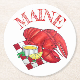 ME Maine Lobster Shack Seafood Dinner Red Gingham Round Paper Coaster