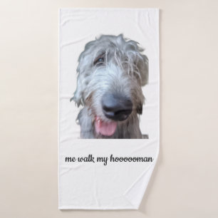 Me Walk My Hoooooman funny Irish Wolfhound towel