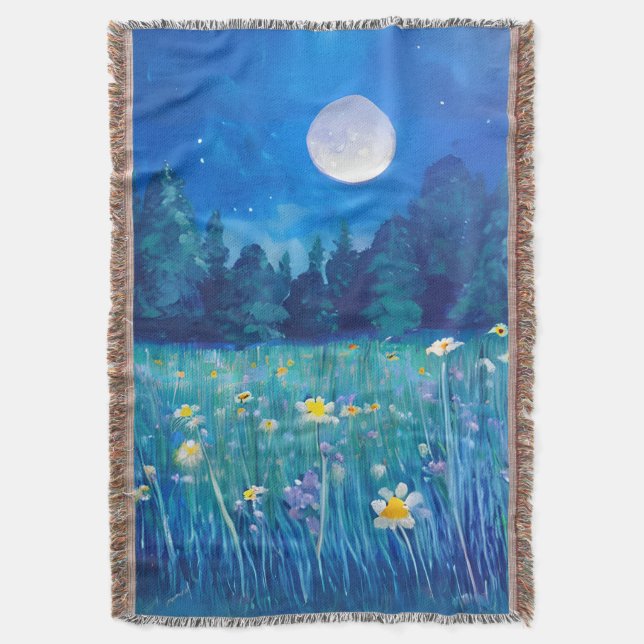 Meadow and Forest Under a Full Moon Throw Blanket (Front Vertical)