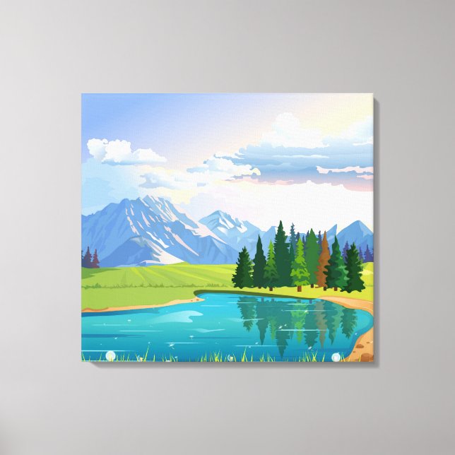 Meadow background with lake and mountains canvas print (Front)