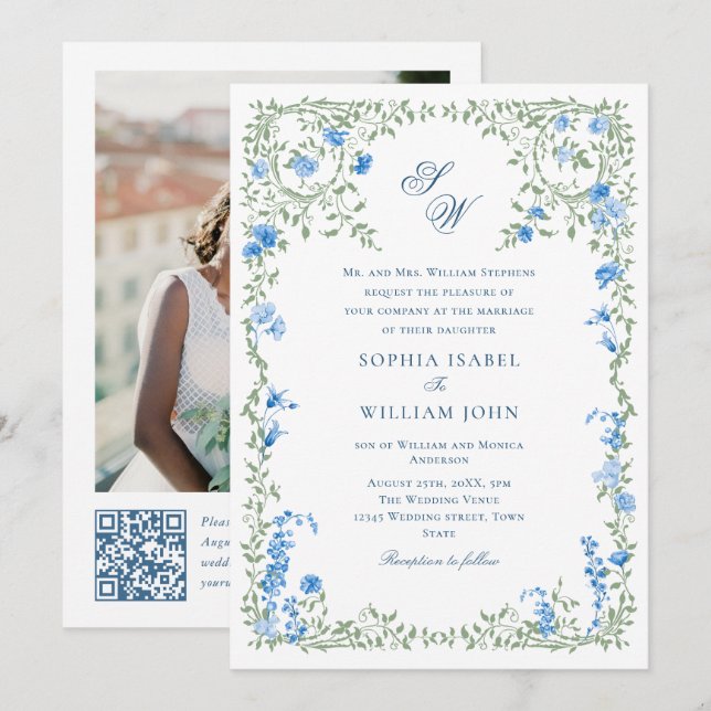 Meadow Blue French Roses Wedding QR code Photo Invitation (Front/Back)