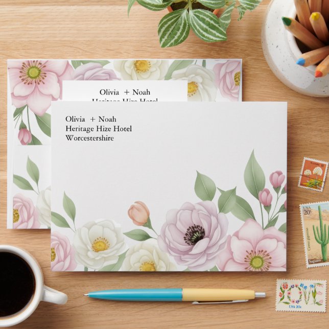Meadow Blue Pink Floral Garden Wedding Envelope (Desk)