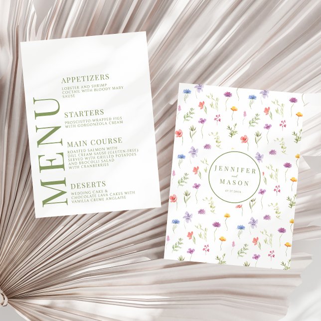 Meadow colourful wildflower boho wedding menu card (Creator Uploaded)