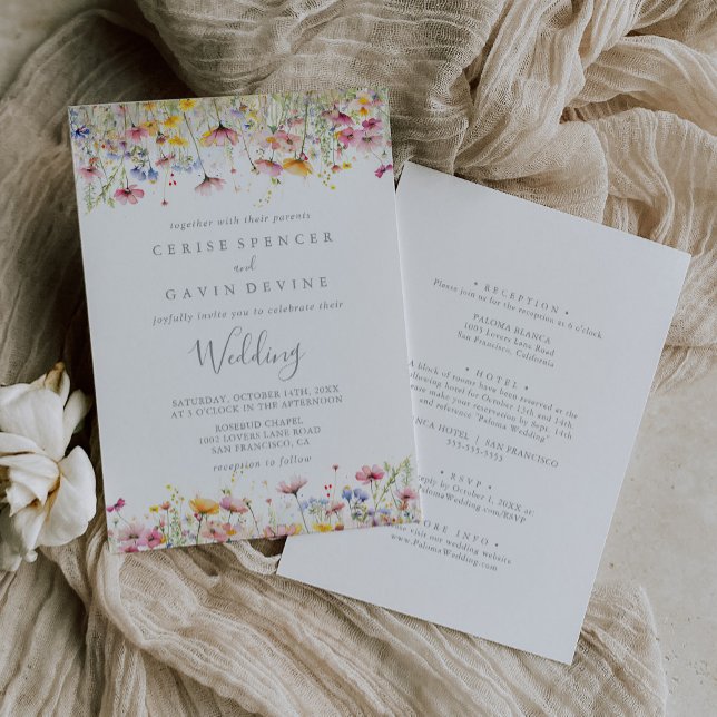 Meadow Colourful Wildflower Front & Back Wedding Invitation (Creator Uploaded)