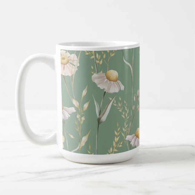 Meadow cottage country print on green coffee mug (Left)