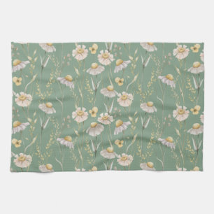 Meadow cottage country print on green  tea towel