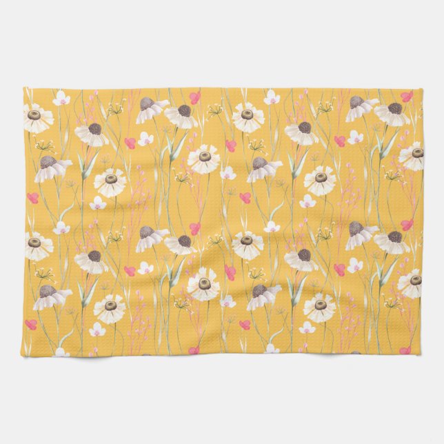 Meadow cottage country print yellow tea towel (Horizontal)
