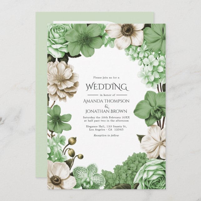 Meadow Fern, Pistachio Silk & Willow Ivory Wedding Invitation (Front/Back)