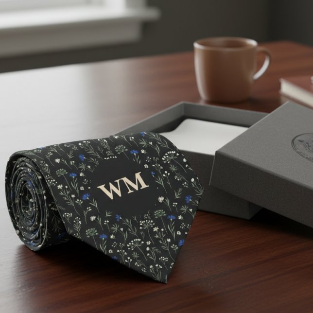 Meadow Floral Monogram – Groomsmen wedding Tie (Monogram floral necktie)