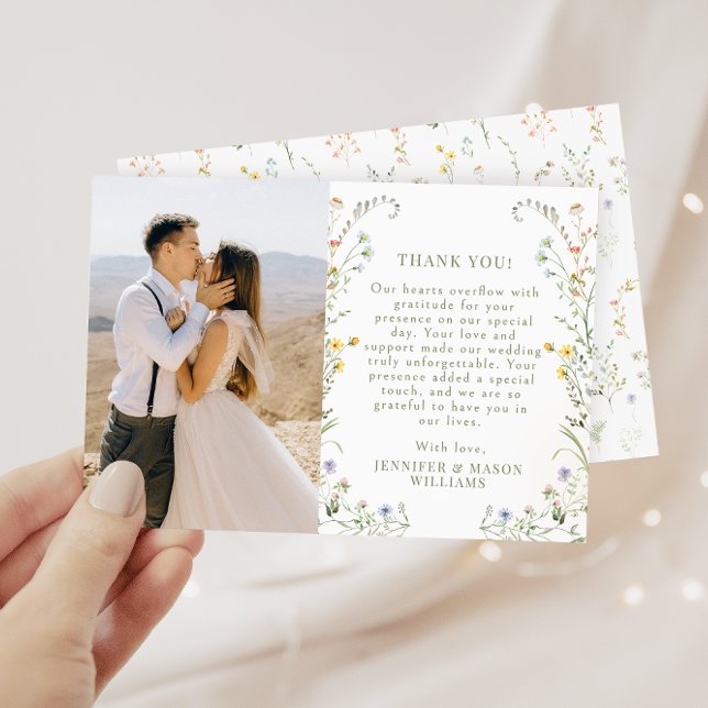 Meadow Flower Colourful Wildflower Wedding photo Thank You Card (Creator Uploaded)
