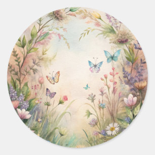Meadow Flowers and Butterflies Classic Round Sticker