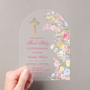 Meadow Flowers Arch First Communion Acrylic Invitations