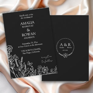 Meadow Flowers Black and White Wedding Invitation