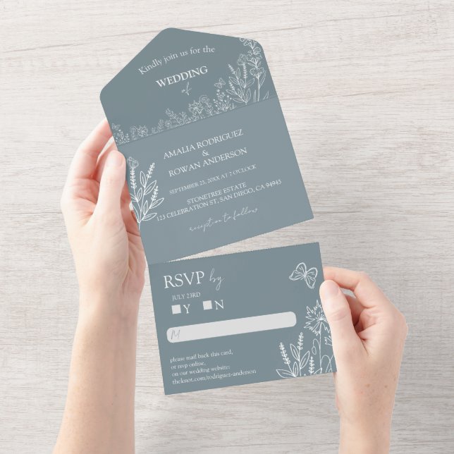 Meadow Flowers Blue Grey Wedding RSVP All In One Invitation (Tearaway)