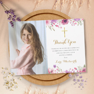 Meadow Flowers Floral First Holy Communion Photo Thank You Card