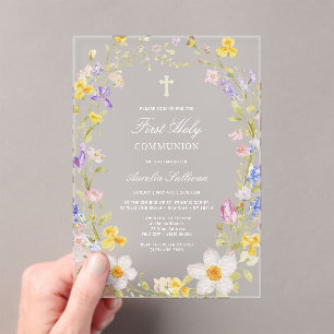 Meadow Flowers Frame First Holy Communion Acrylic Invitations