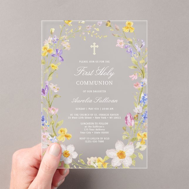 Meadow Flowers Frame First Holy Communion Acrylic Invitations (Insitu (Handheld))