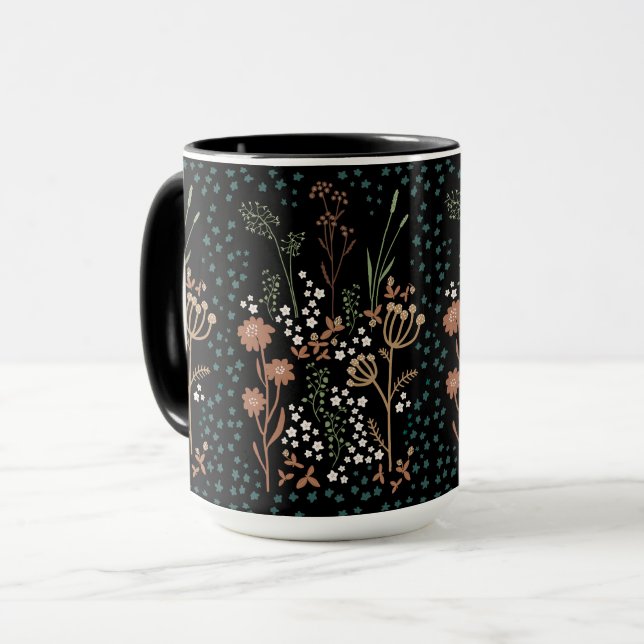 Meadow Flowers Naive Art Dark Background Mug (Front Left)