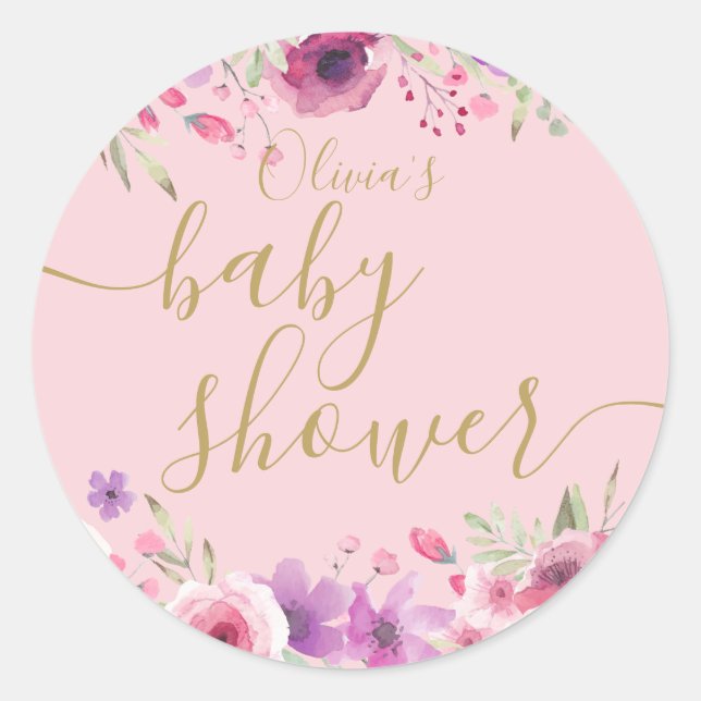 Meadow Flowers Pink Baby Shower Classic Round Sticker (Front)