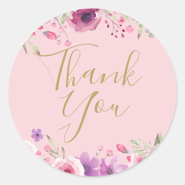 Meadow Flowers Pink Thank You Classic Round Sticker (Front)