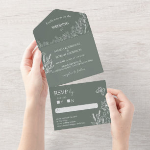 Meadow Flowers Sirocco Green Wedding RSVP All In One Invitation