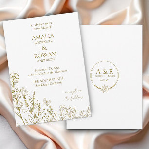 Meadow Flowers White and Gold Wedding Invitation
