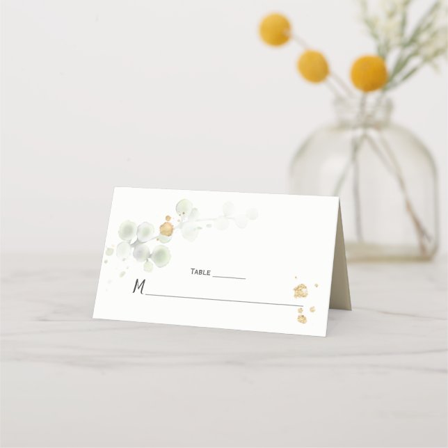 Meadow Green and Gold Botanical Place Cards (Front)