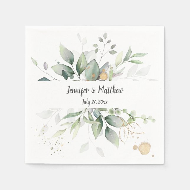 Meadow Green and Gold Frame Botanicals Wedding Napkin (Front)