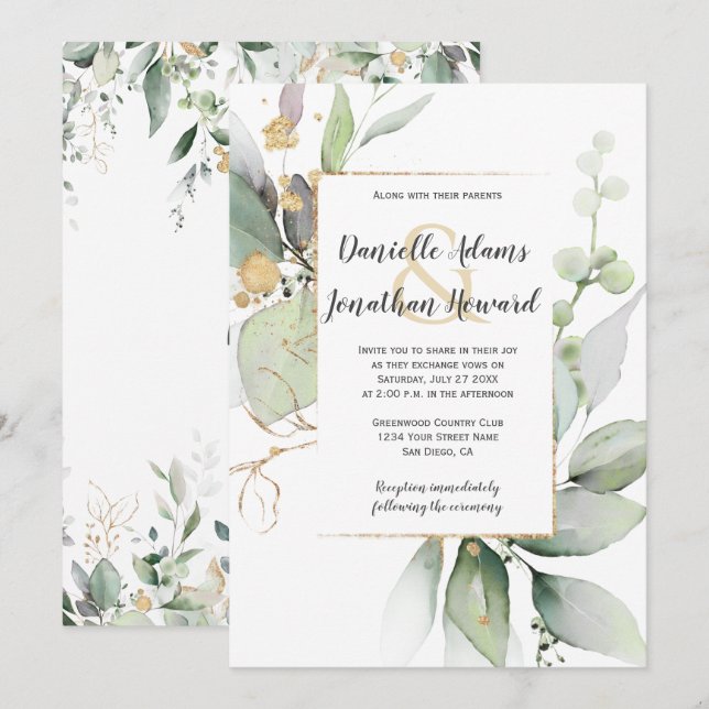Meadow Green and Gold Leaves Geometric Wedding Inv Invitation (Front/Back)