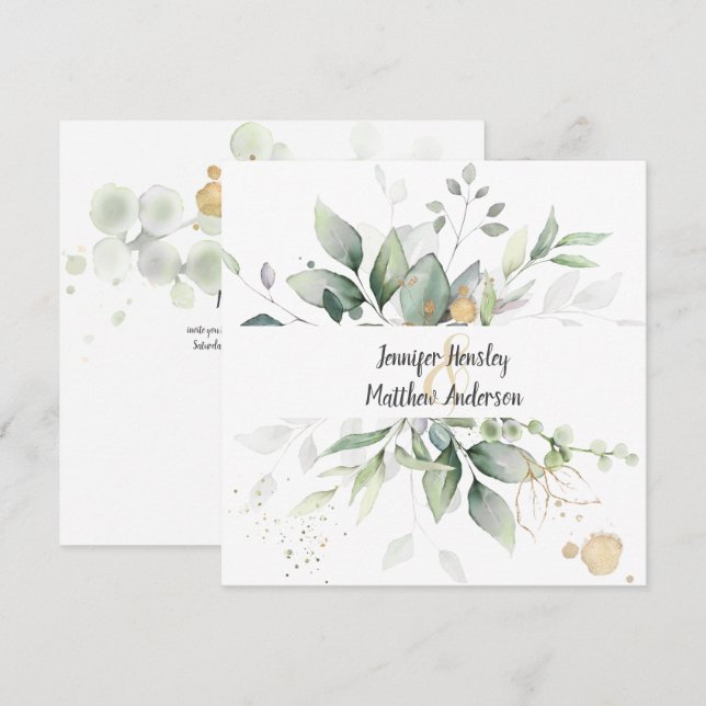 Meadow Green Gold Framed Leaves Wedding Invitation (Front/Back)