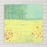 Meadow Landscape Painting Canvas Print<br><div class="desc">A modern contemporary landscape painting featuring a peaceful flower filled summer meadow with birds flying against the sky and a forest of pine trees in the distance.  Fresh and uplifting yellow and green colours. Original art by Nic Squirrell.</div>