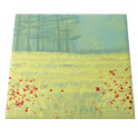 Meadow Landscape Painting Tile<br><div class="desc">A modern contemporary landscape painting featuring a peaceful flower filled summer meadow with birds flying against the sky and a forest of pine trees in the distance.  Fresh and uplifting yellow and green colours. Original art by Nic Squirrell.</div>