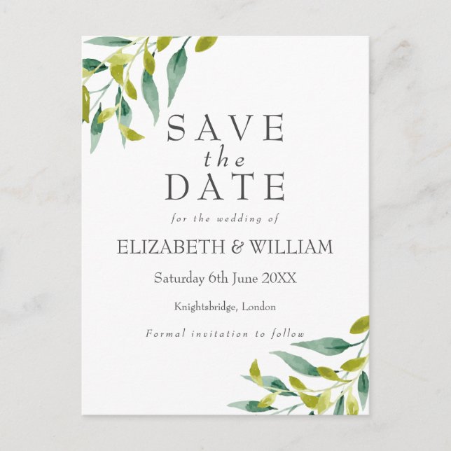 Meadow Leaves Watercolour Wedding Save the Date Announcement Postcard (Front)