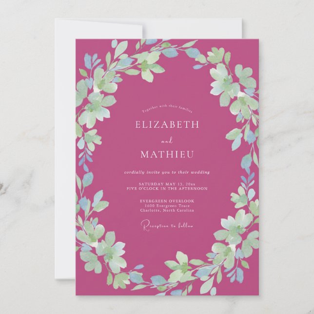 Meadow Magenta Leafy Painted Wedding Invitation (Front)