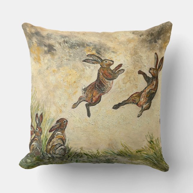 Meadow Matchup Playful Hares in a Meadow  Cushion (Front)
