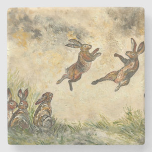 Meadow Matchup Playful Hares in a Meadow  Stone Coaster