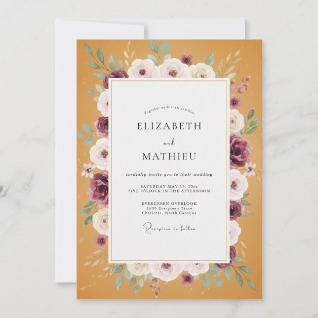 Meadow Mustard Plum Wreath Wedding Invitation (Front)