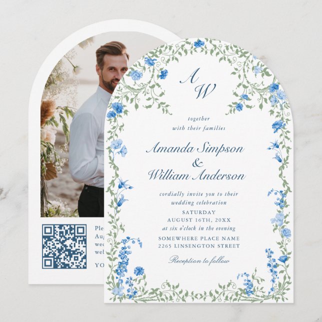 Meadow Pastel French Floral Wedding QR code Photo Invitation (Front/Back)
