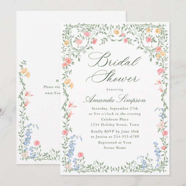 Meadow Pastel French Roses Floral Bridal Shower Invitation (Front/Back)