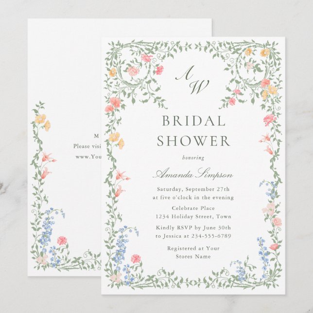Meadow Pastel French Roses Floral Bridal Shower Invitation (Front/Back)