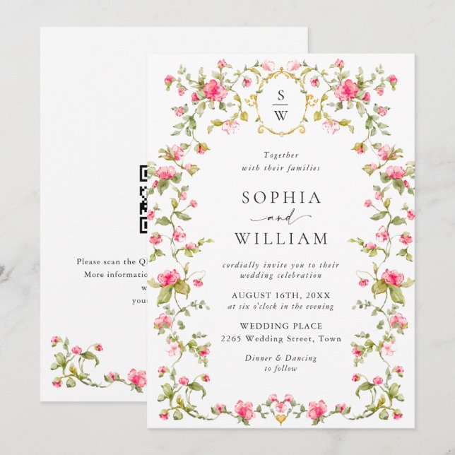 Meadow Pastel French Roses Floral QR code Wedding  Invitation (Front/Back)