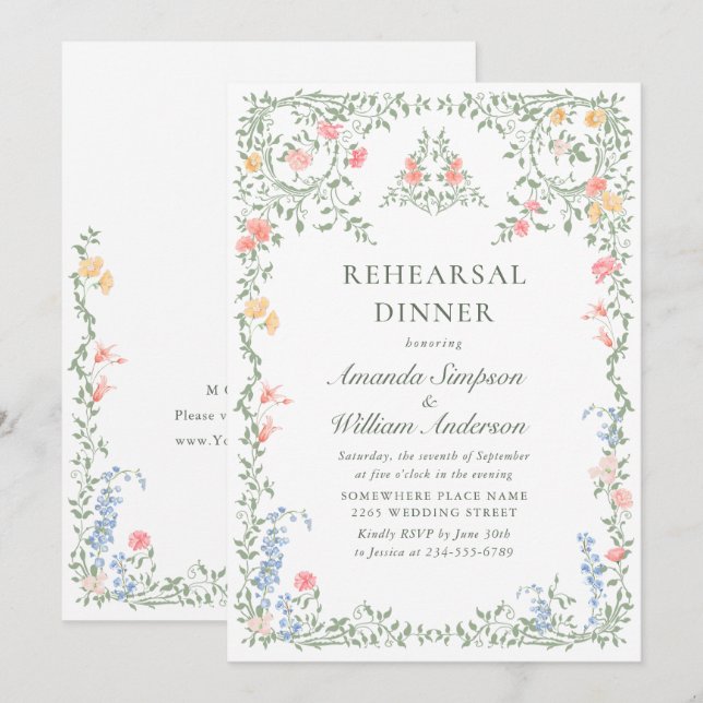 Meadow Pastel French Roses Floral Rehearsal Dinner Invitation (Front/Back)