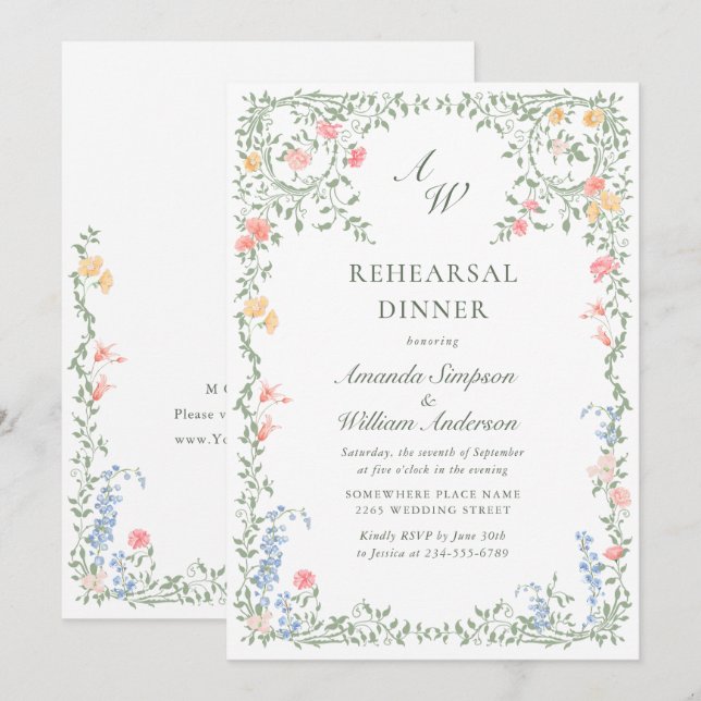 Meadow Pastel French Roses Floral Rehearsal Dinner Invitation (Front/Back)