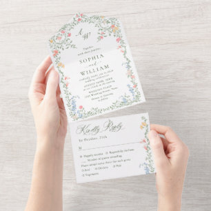 Meadow Pastel French Roses Floral Wedding All In One Invitation