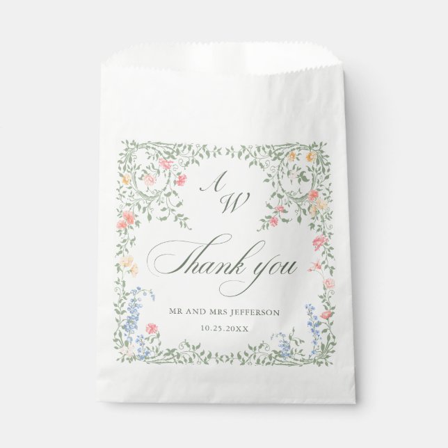 Meadow Pastel French Roses Floral Wedding Favour Bags (Front)